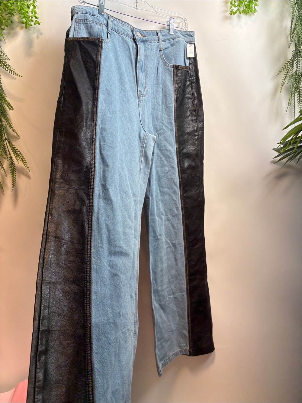 High-Rise Light Blue Denim Wide-Leg Jeans with Black Side Panels